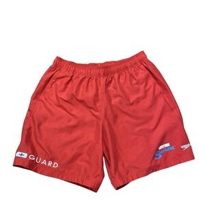 Red Speedo Swim Shorts‎  'Guard' Swimsuit Lifeguard Pockets Lined Small